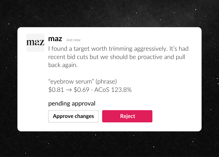 Scheduled Slack update and alert sent by Maz