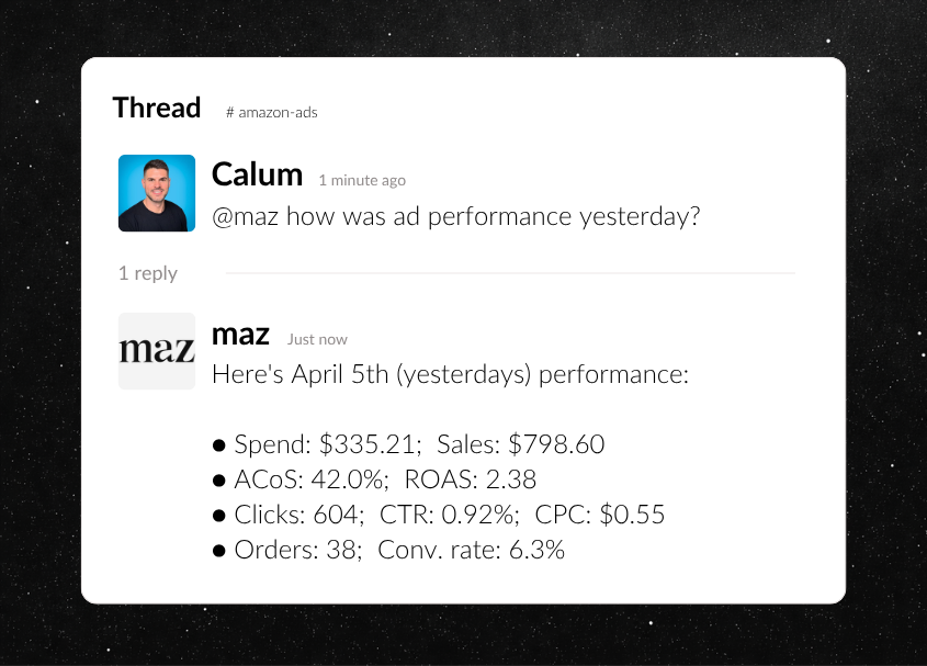 Slack conversation with Maz answering a campaign performance question